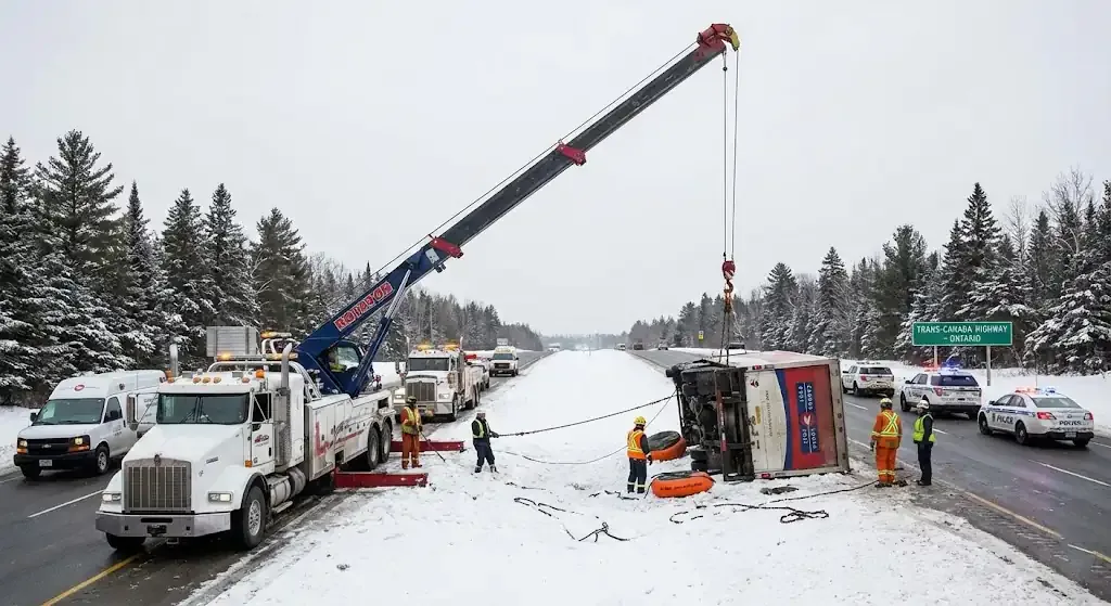 London truck towing on highway corridor